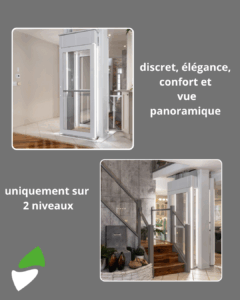 LSM Mobility Ascenseur résidentiel moderne et élégant, offrant discrétion, confort et vue panoramique sur deux niveaux. Design épuré, cabine lumineuse. "discret, élégance, confort et vue panoramique, uniquement sur 2 niveaux