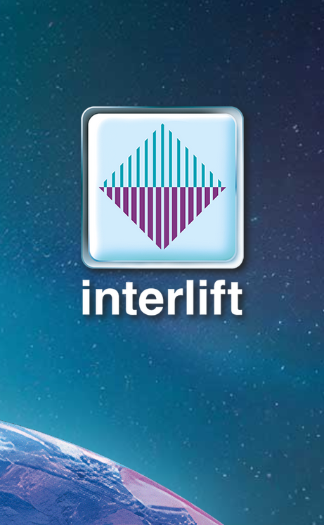 LSM Mobility Logo Interlift sur fond cosmique, avec la Terre en bas. Le logo est un losange divisé en rayures bleues et violettes, sur un carré blanc brillant. Texte : "interlift".