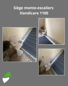 LSM Mobility Siège monte-escaliers Handicare 1100 beige installé dans un escalier intérieur avec moquette bleue. Solution d'accessibilité élégante pour faciliter les déplacements à domicile.