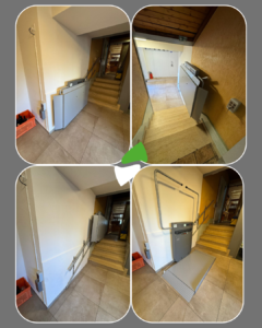 LSM Mobility Plateforme élévatrice PLG7 installée dans un escalier intérieur. La plateforme grise est repliée contre le mur dans les premières images, puis déployée et prête à l'emploi dans la dernière image.