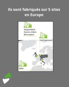 LSM Mobility Carte de l'Europe montrant 5 sites de fabrication : Kingswinford, Newton Abbot, Birmingham, Heerhugowaard et Milan.